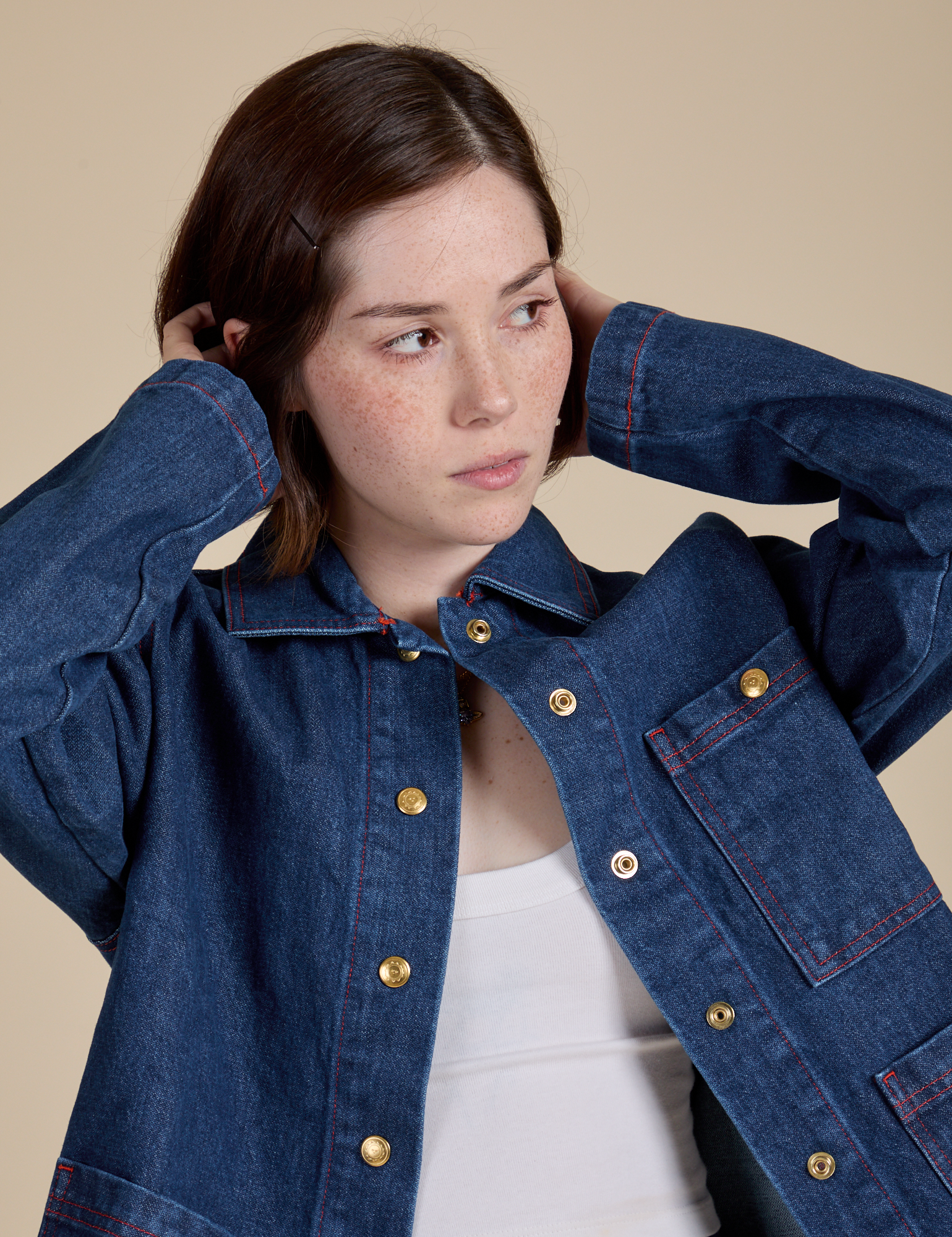Indigo Denim Work Jacket in Dark Wash close up on Hana