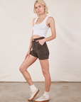 Side view of Classic Work Shorts in Espresso Brown and Cropped Tank Top in vintage tee off-white