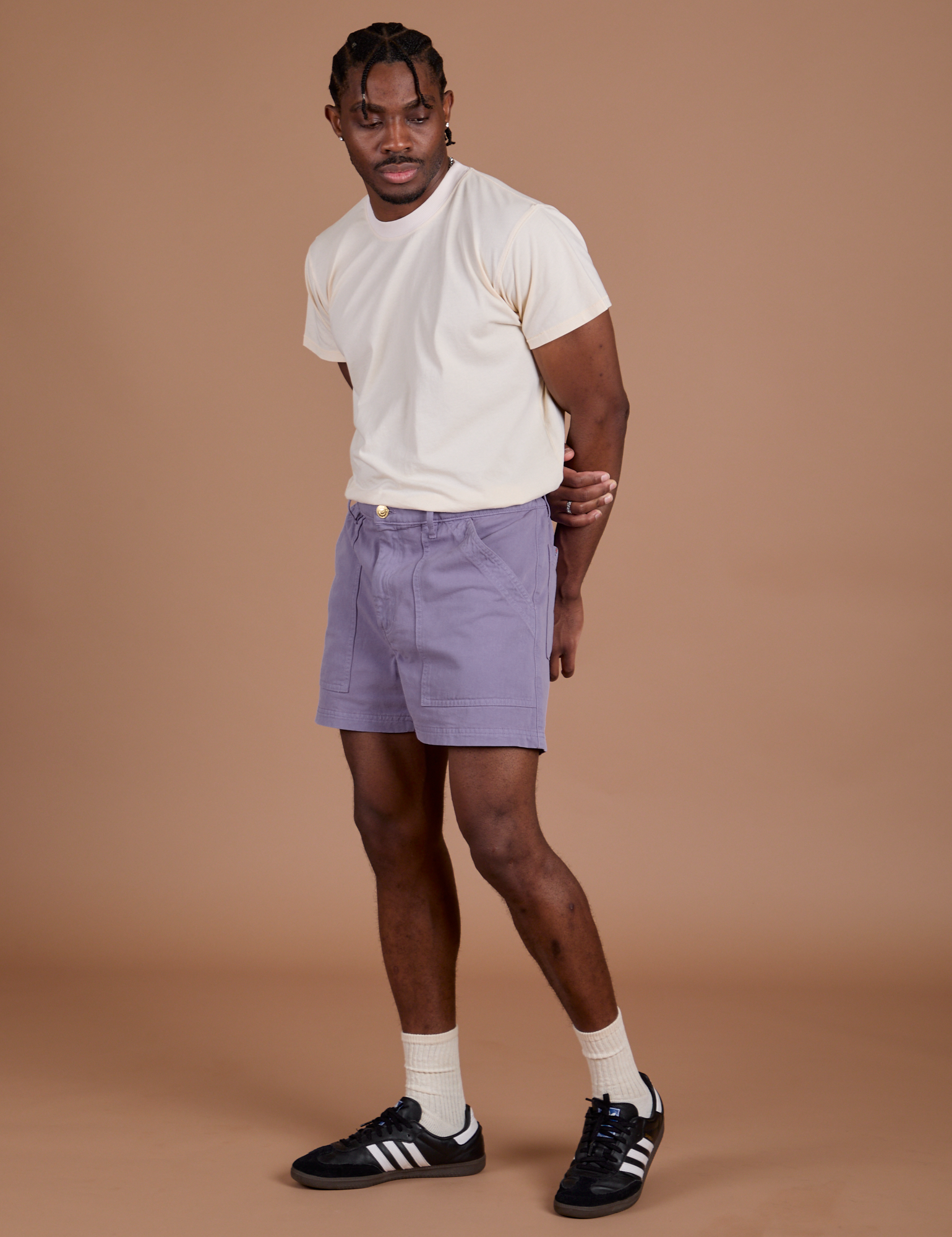 Angled front view of Classic Work Shorts in Faded Grape and Organic Vintage Tee in Vintage Off-White