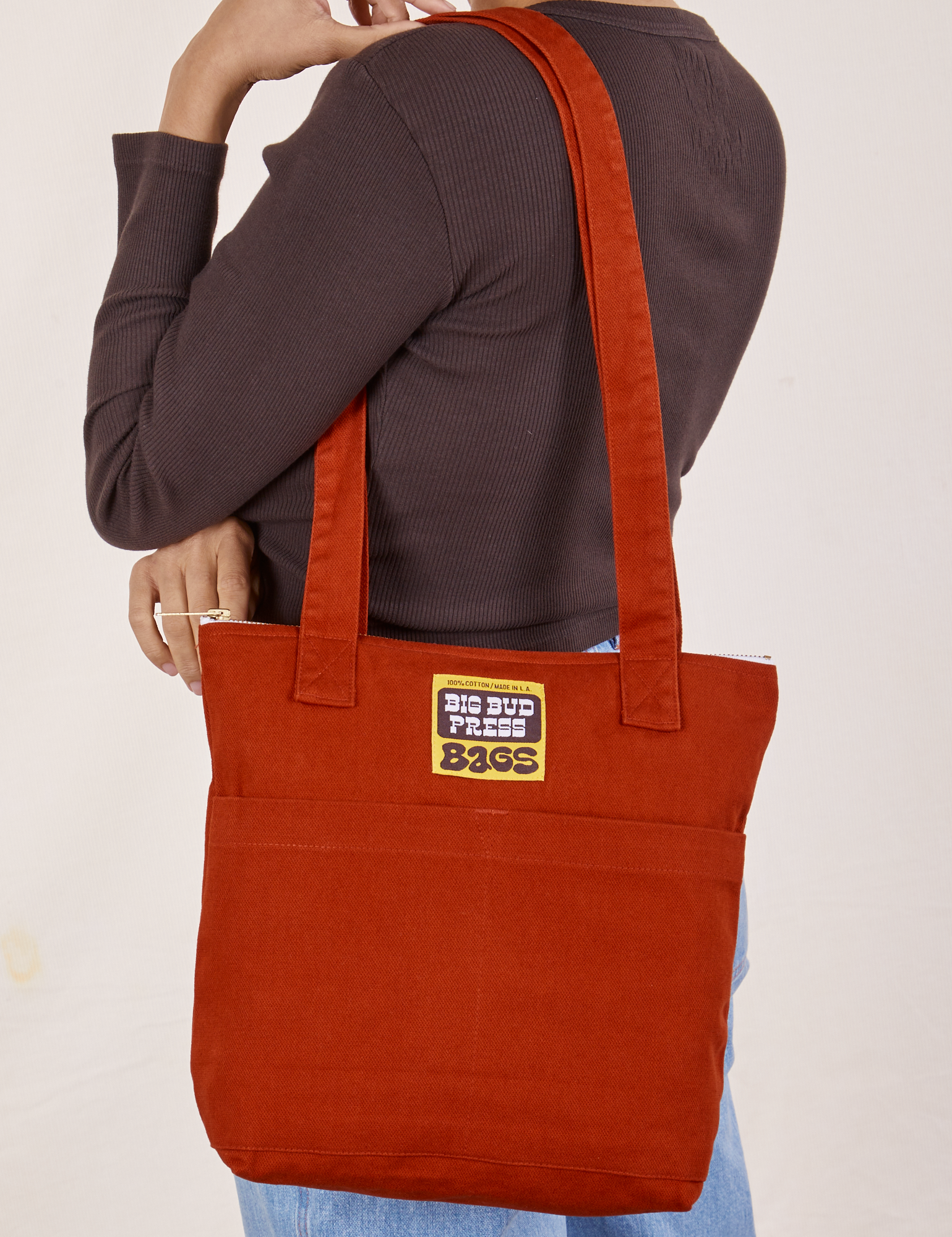 Over-Shoulder Zip Mini Tote in Paprika worn over shoulder