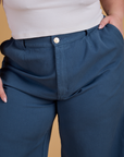 Heritage Wide Leg Trousers in French Blue front close up on Ashley