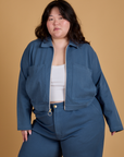 Ashley is 5’7” and wearing L Heritage Mechanic Jacket in French Blue