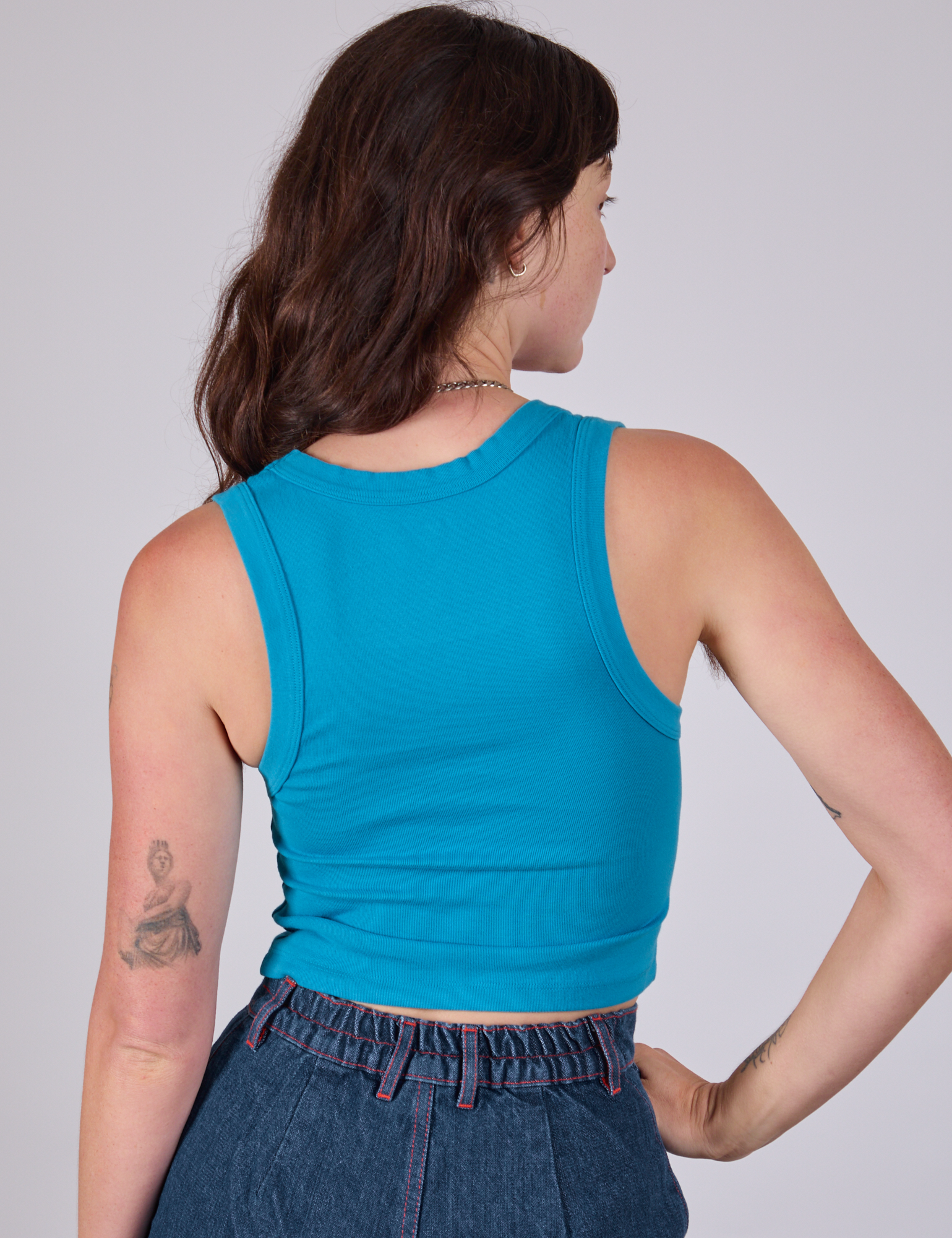 Cropped Tank Top in Hawaiian Blue back view on Alex