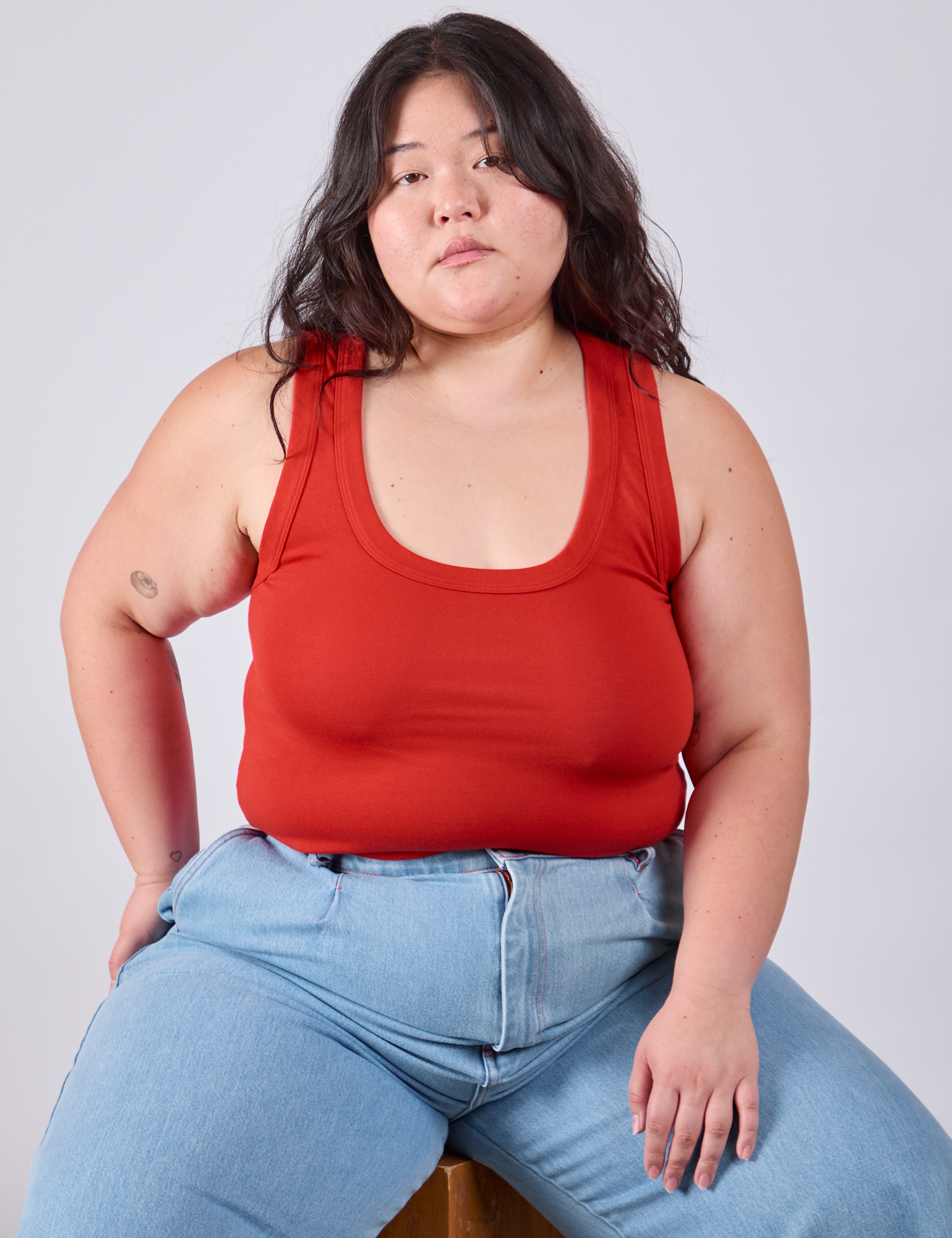 Cropped Tank Top in Mustang Red worn by Ashley