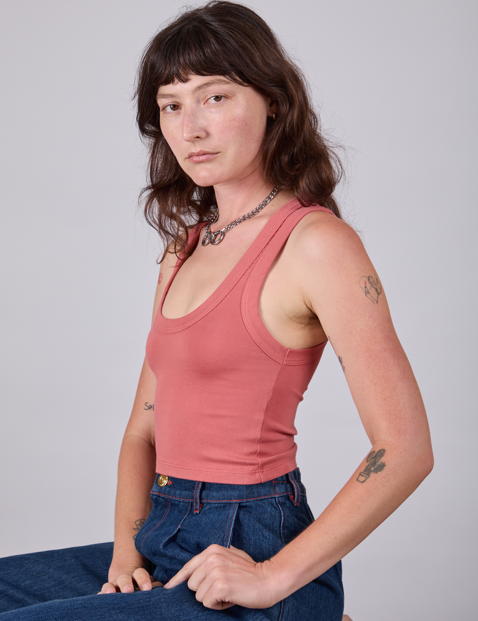 Cropped Tank Top in Raspberry Sorbet side view on Alex