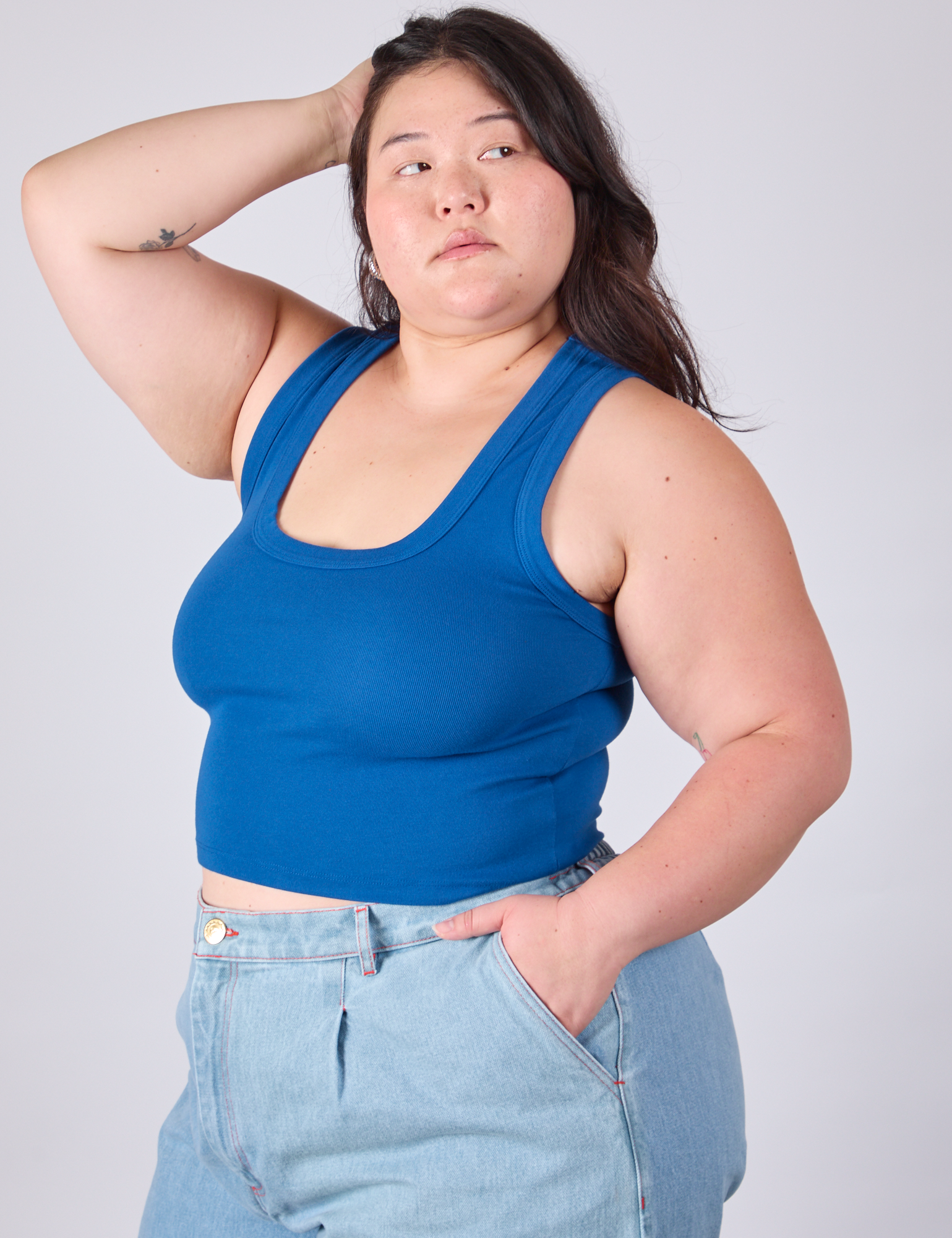 Cropped Tank Top in Royal Blue angled front view on Ashley