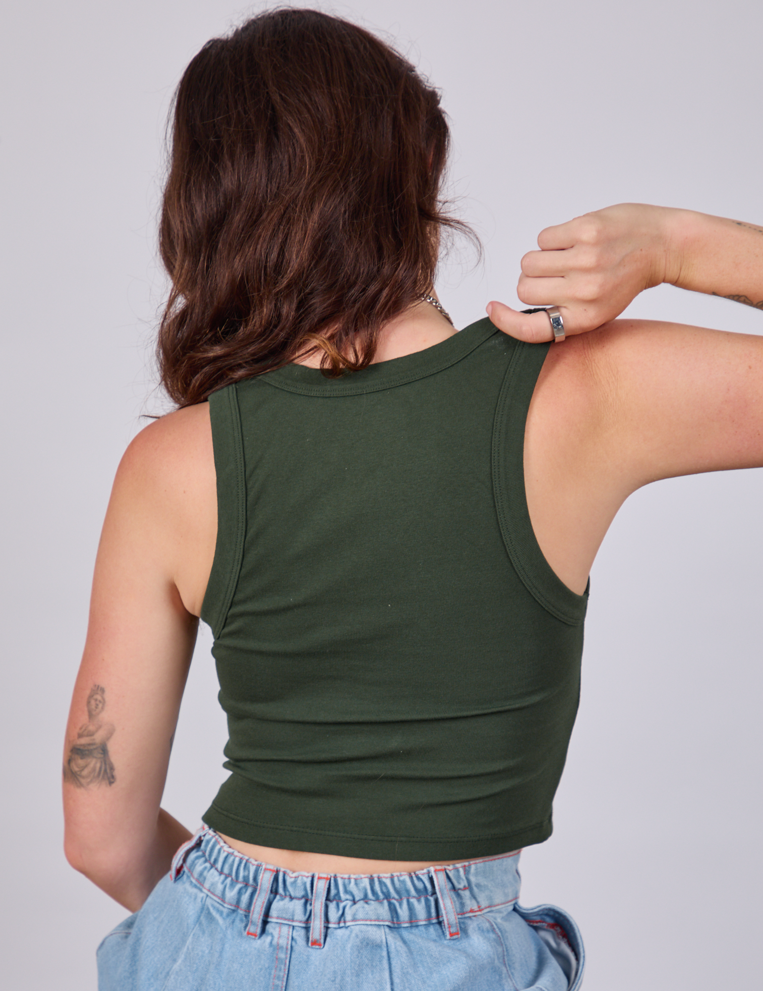 Cropped Tank Top in Swamp Green back view on Alex