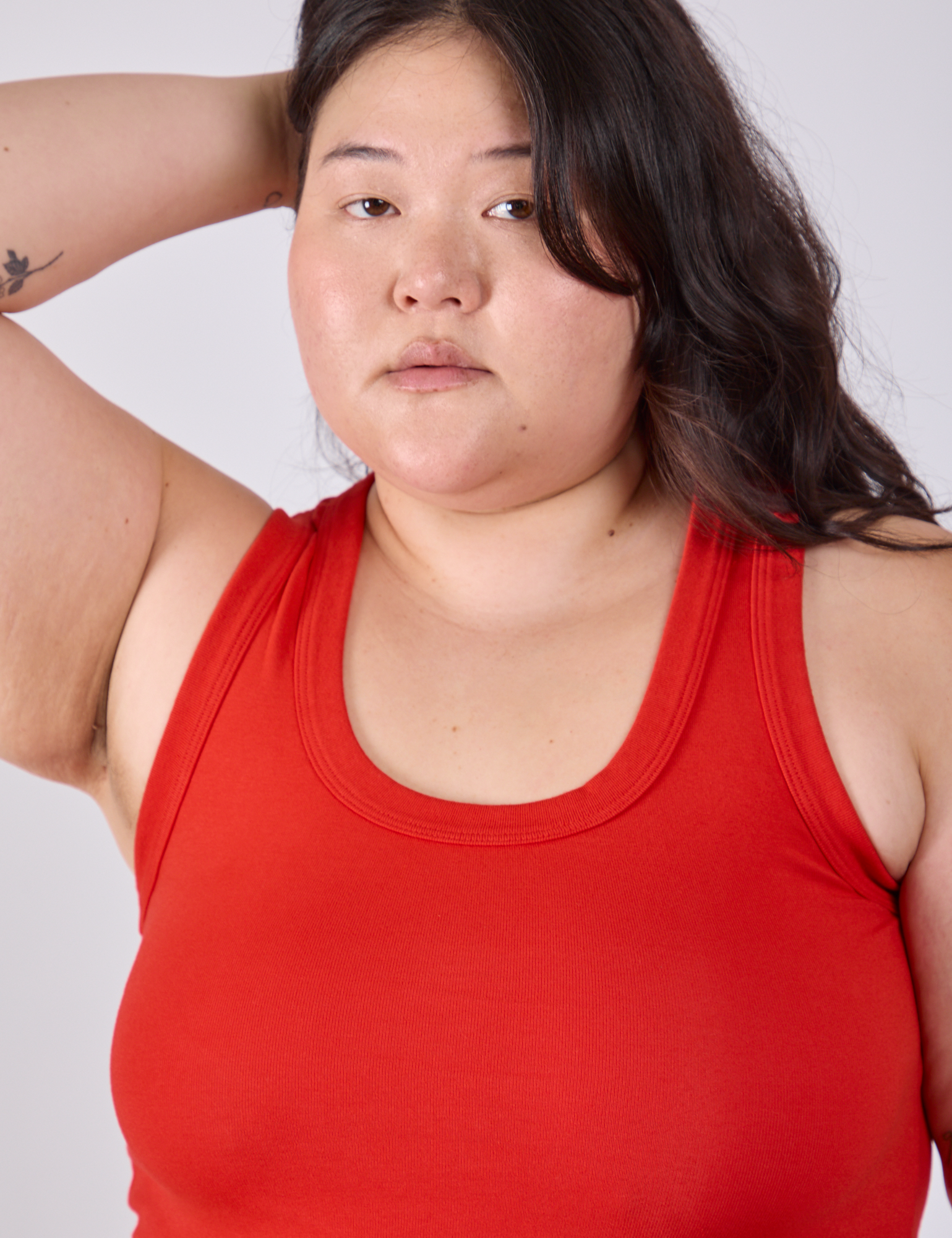 Front close up of Tank Top in Mustang Red on Ashley
