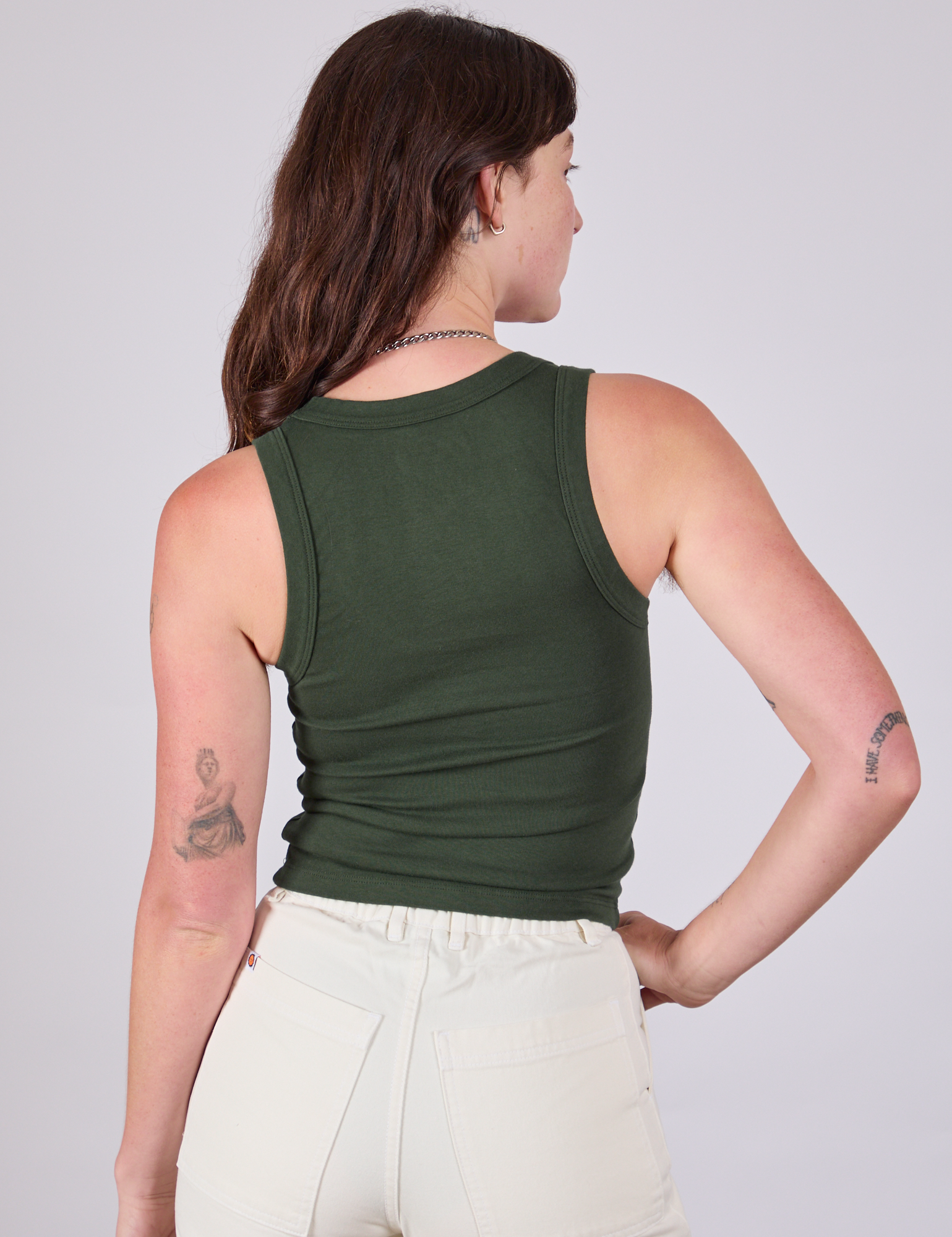 Tank Top in Swamp Green back view on Alex