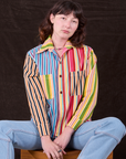 Alex is wearing Cropped Overshirt in Mixed Stripe