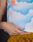 Hem close up of the Morning Moon Airbrush Muscle Tee on Alex