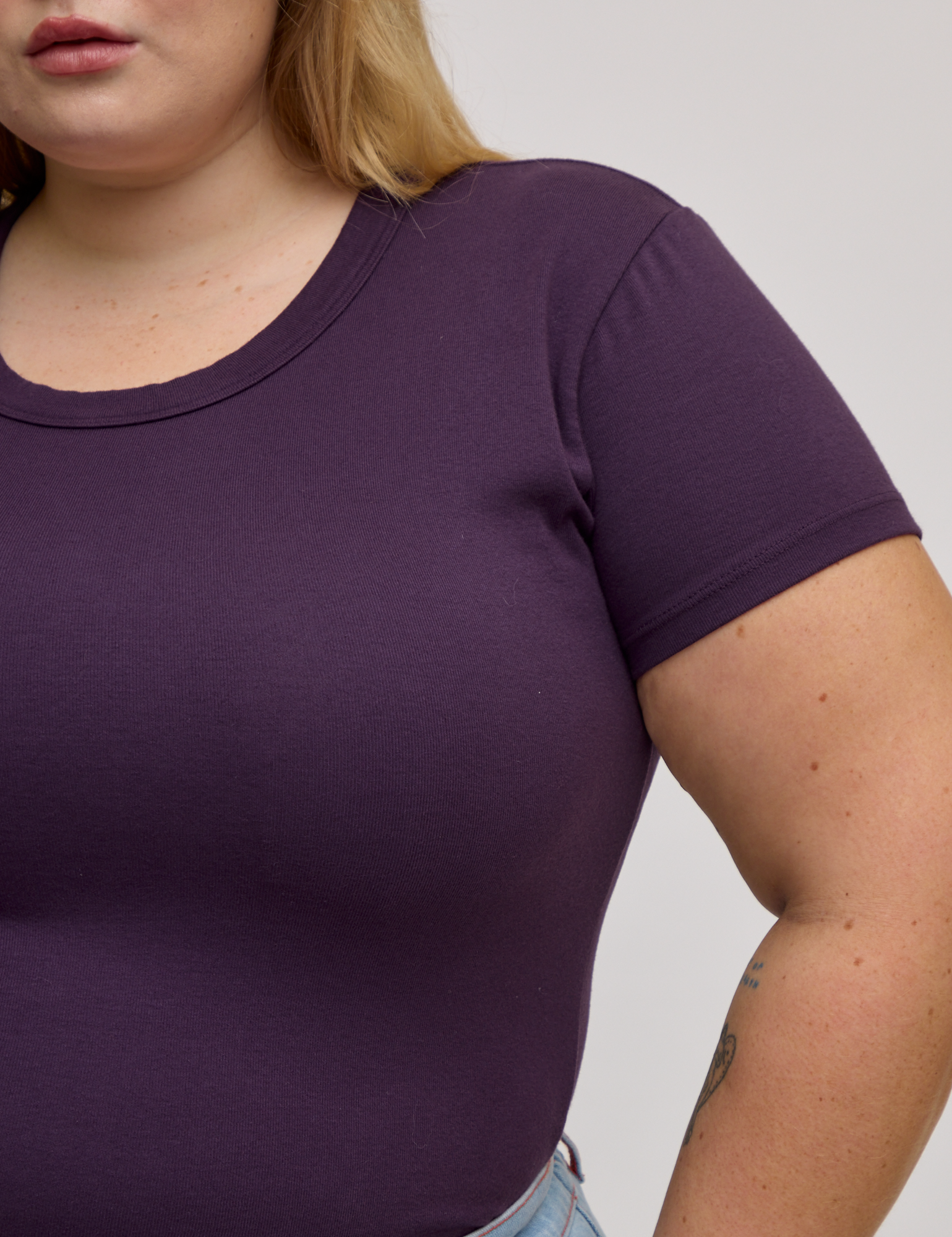 Front close up of Baby Tee in Nebula Purple on Juliet