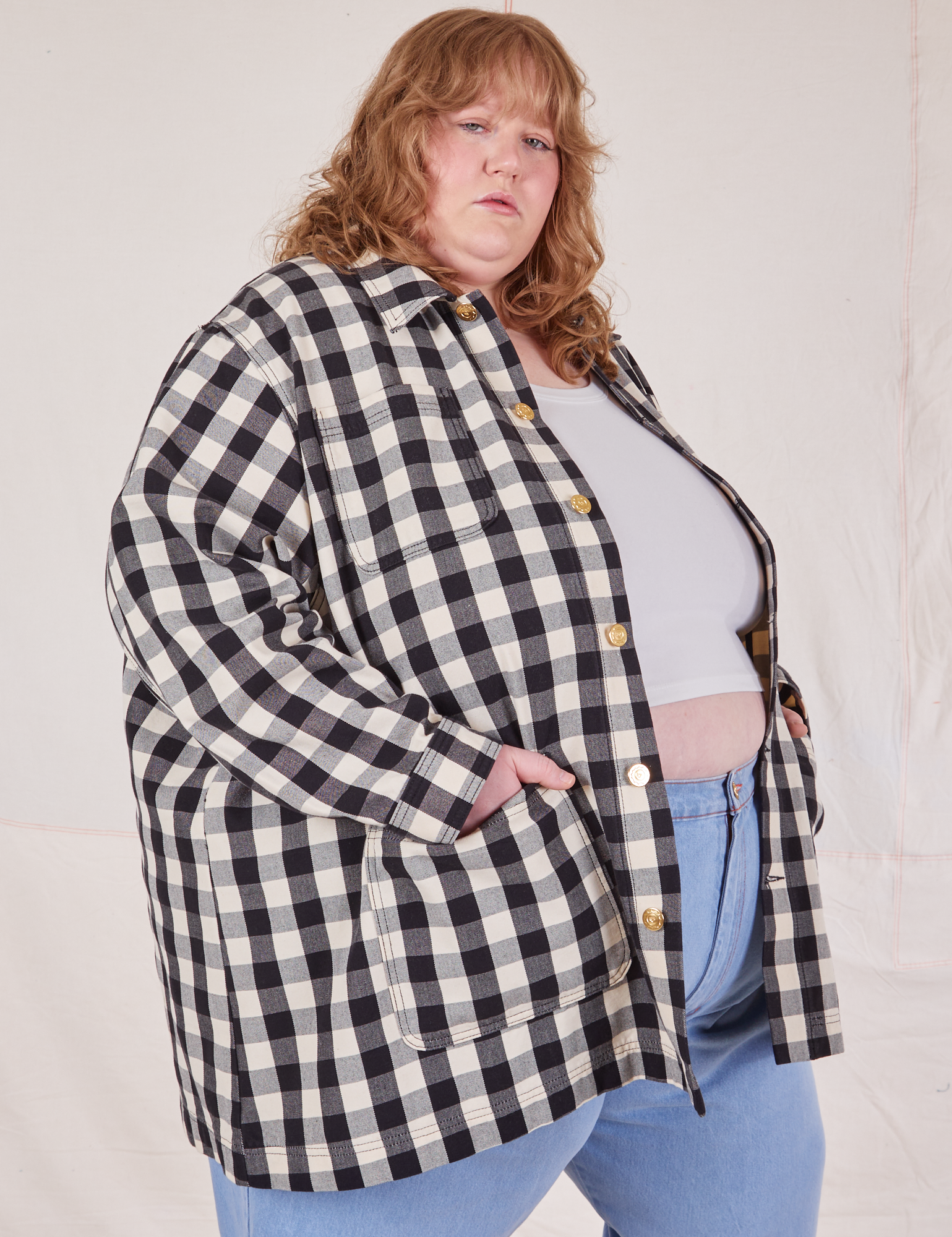 Angled front view of Big Gingham Field Coat on Catie