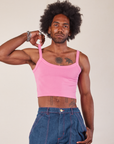 Jerrod is 6’3” and wearing S Cropped Cami in Bubblegum Pink