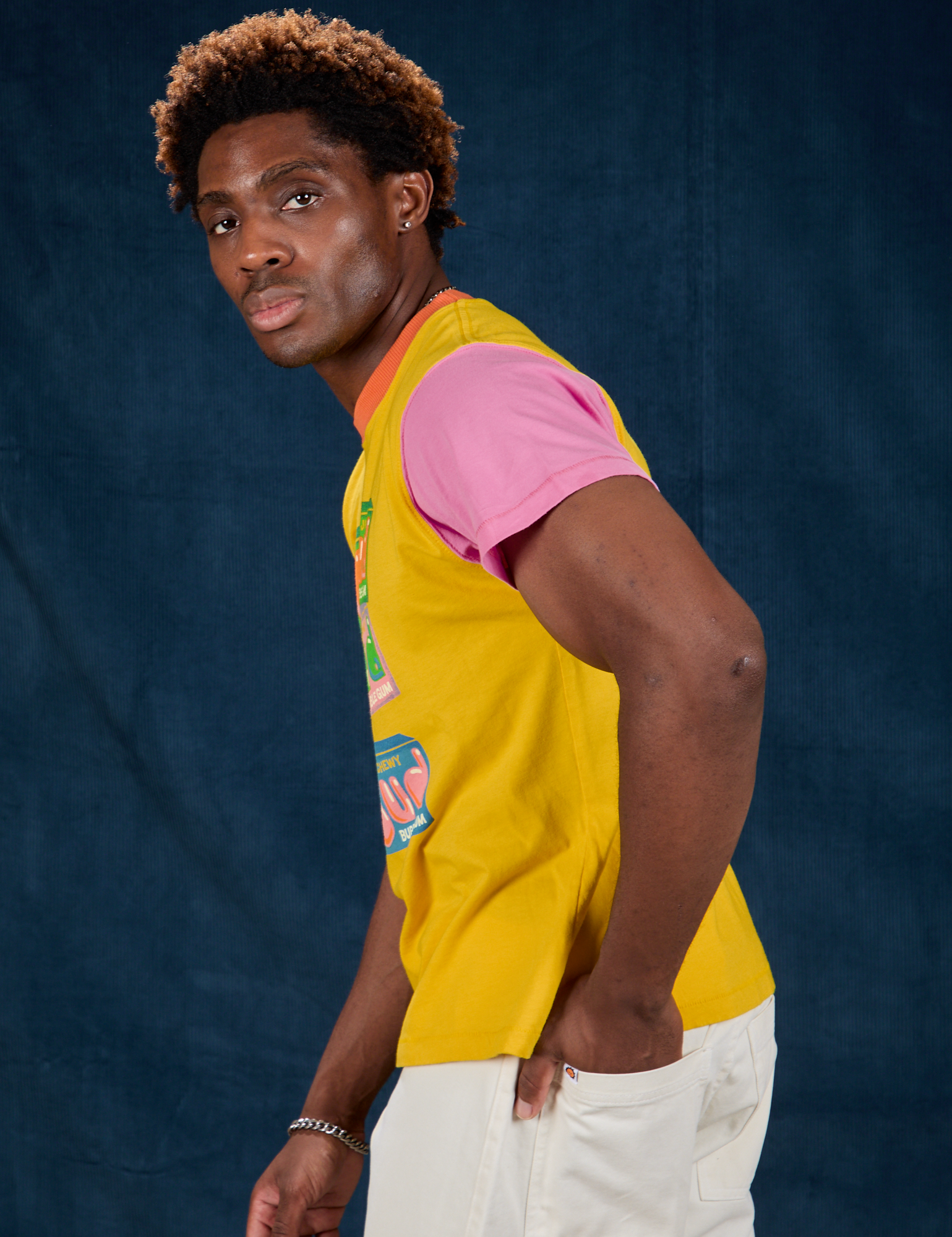 Vintage Tee in Bubblegum side view on Isaac
