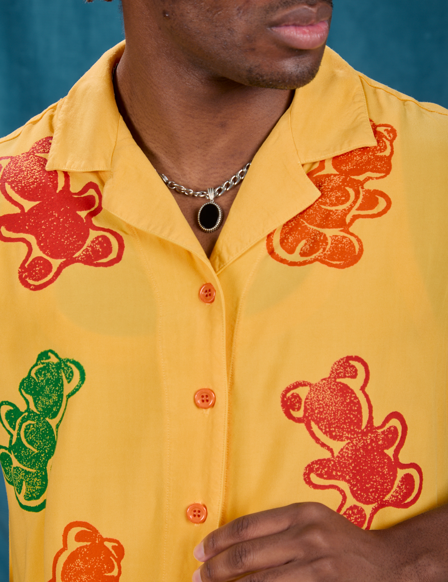 Close up of Gummy Bear Pantry Button-Up on Isaac