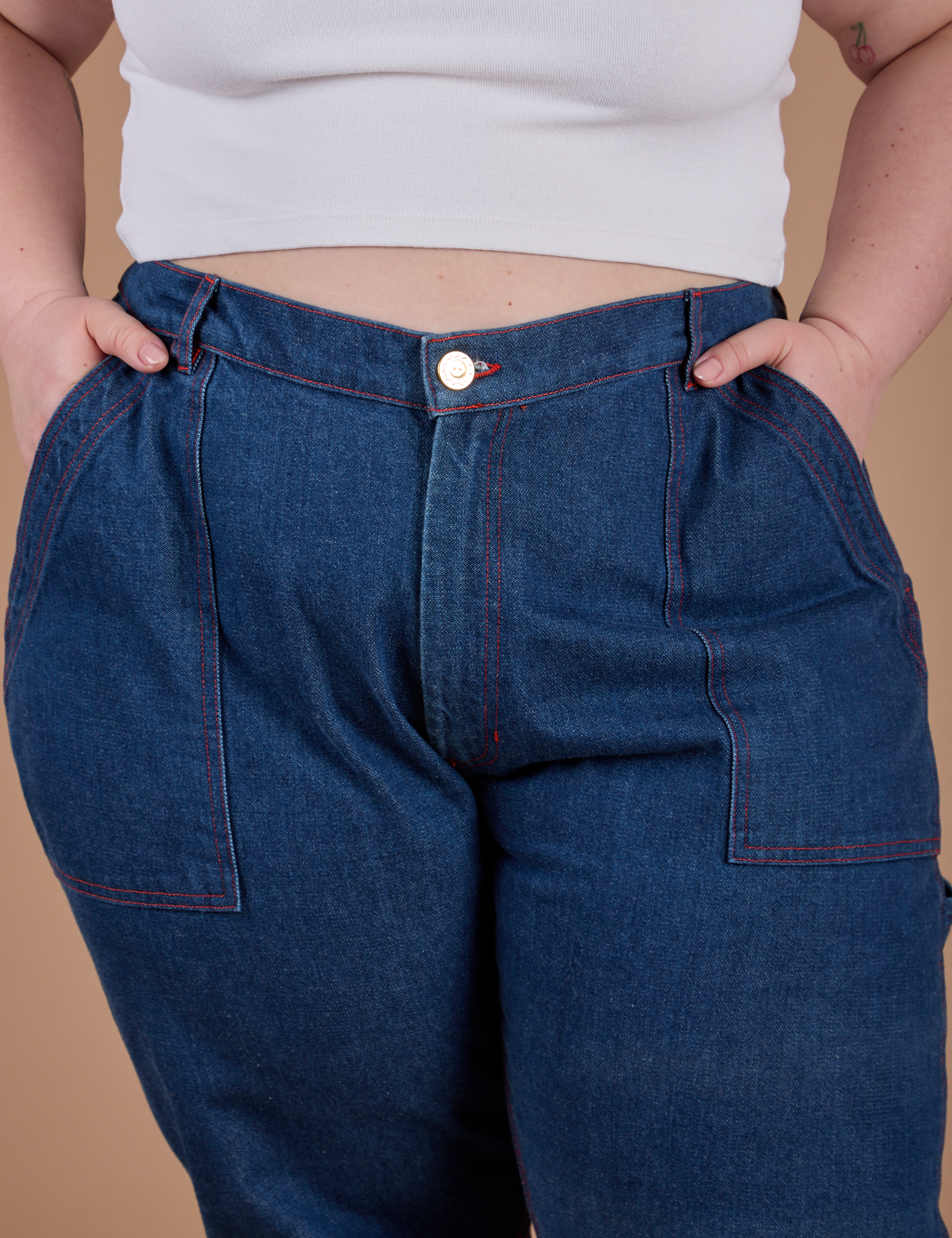 Carpenter Jeans in Dark Wash front close up on Ashley