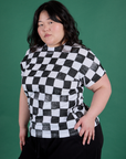 Checker Organic Tee in Black angled front view on Ashley