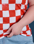 Checker Organic Tee in Red close up on Ashley