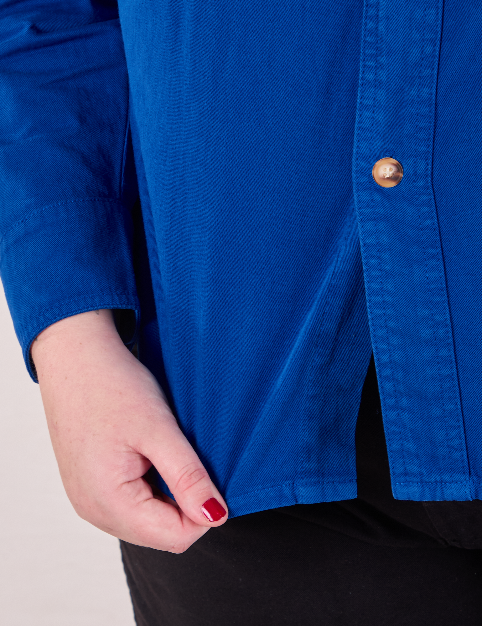 Cropped Overshirt in Royal Blue bottom close up on Juliet