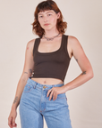 Alex is 5'8" and wearing P Cropped Tank Top in Espresso Brown