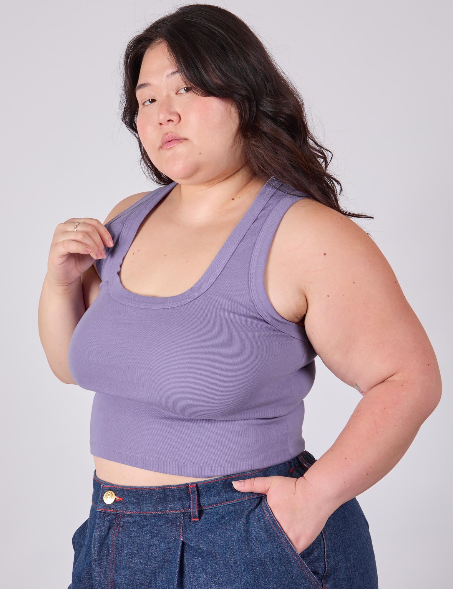 Cropped Tank Top in Faded Grape angled front view on Ashley