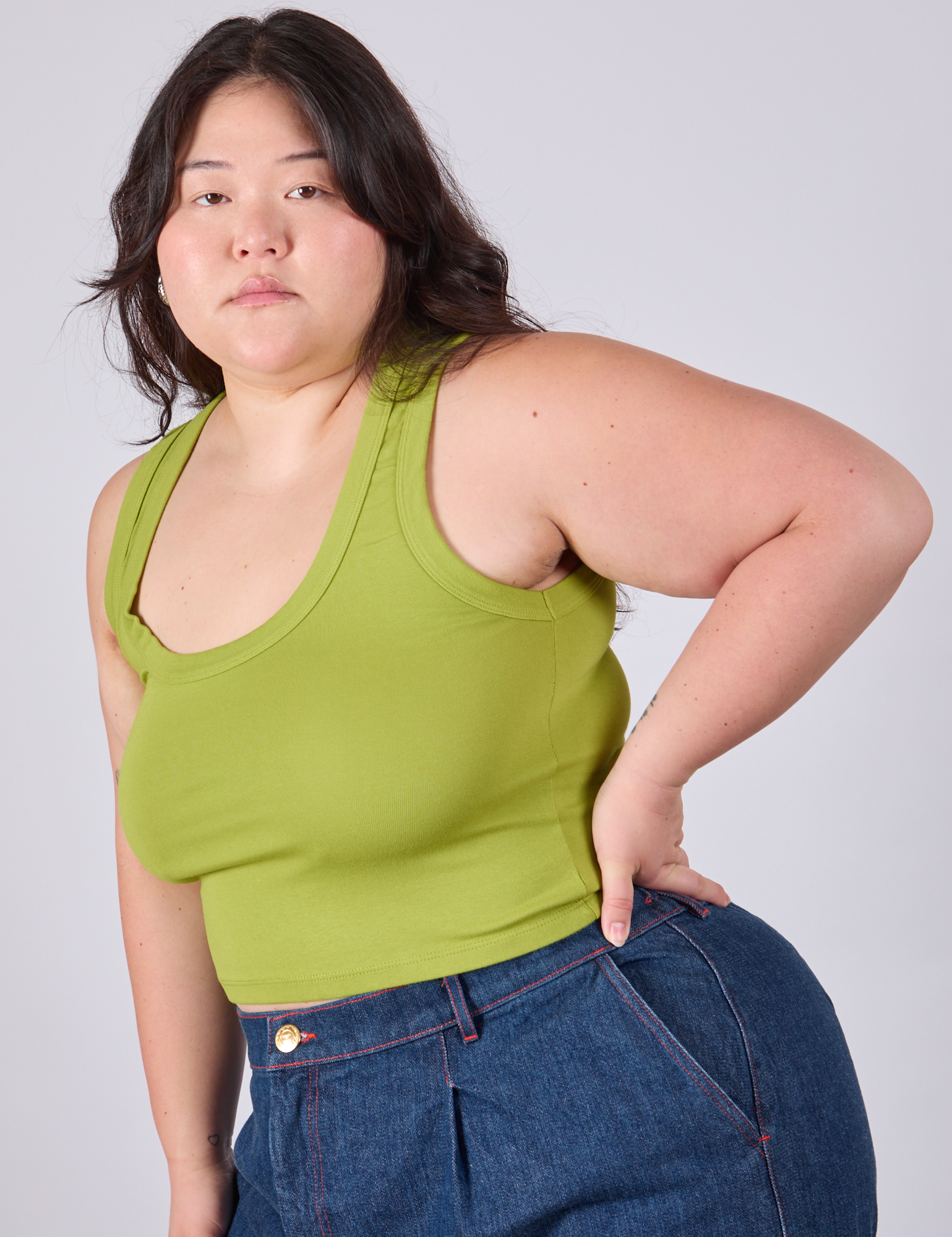 Cropped Tank Top in Gross Green angled front view on Ashley