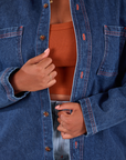 Denim Overshirt in Dark Wash front close up on Meghna