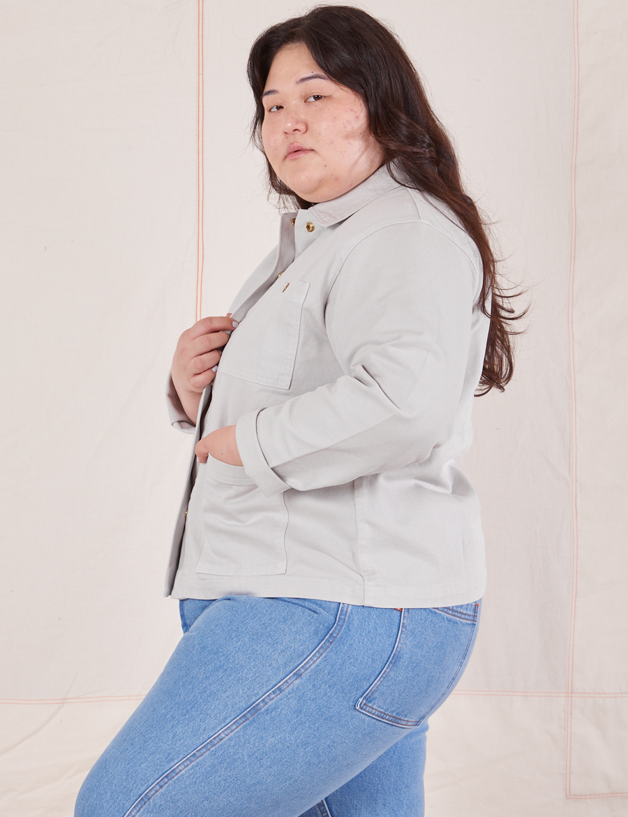 Side view of Denim Work Jacket in Dishwater White worn by Ashley
