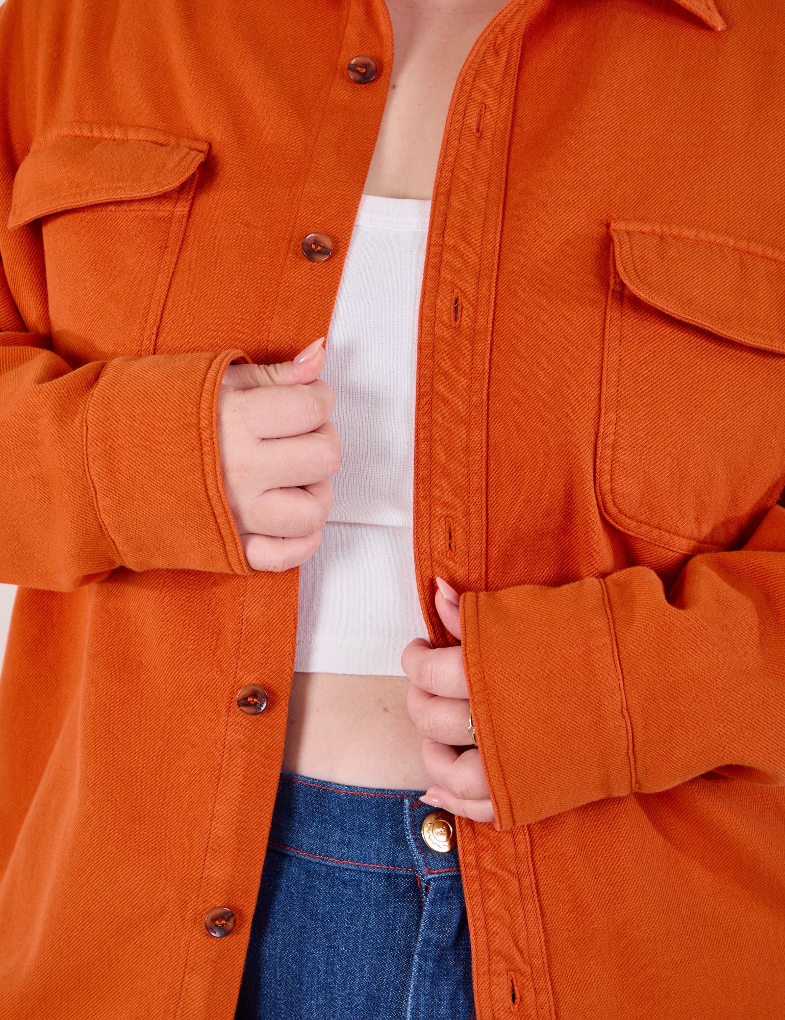 Flannel Overshirt in Burnt Orange front close up on Ashley