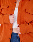 Flannel Overshirt in Burnt Orange front close up on Ashley