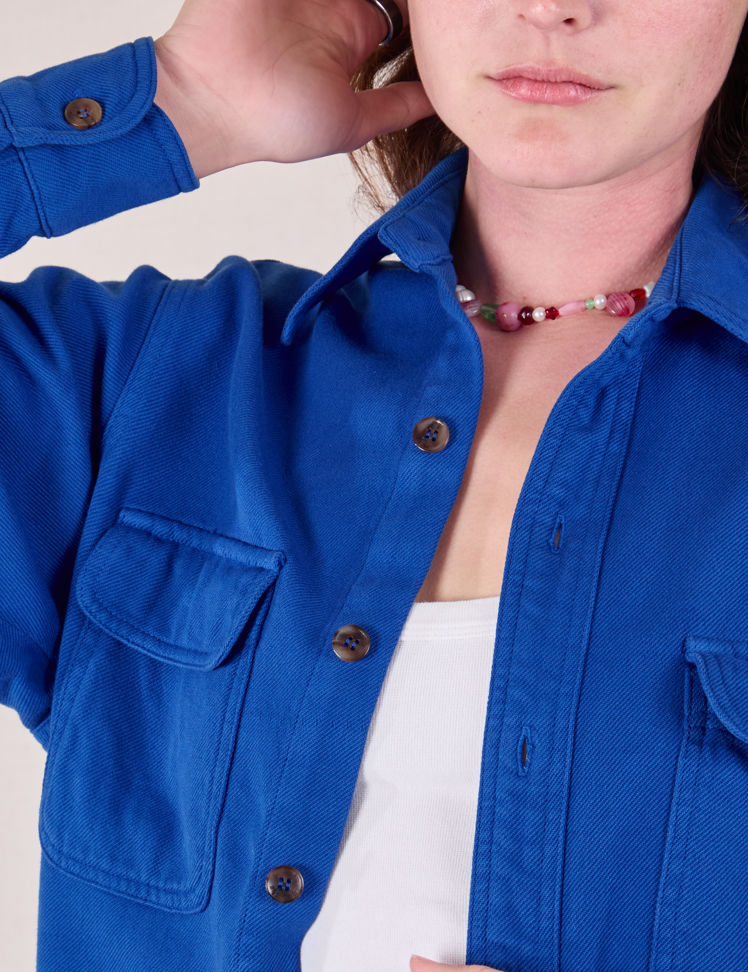 Flannel Overshirt in Royal Blue front close up on Alex