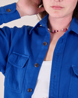 Flannel Overshirt in Royal Blue front close up on Alex