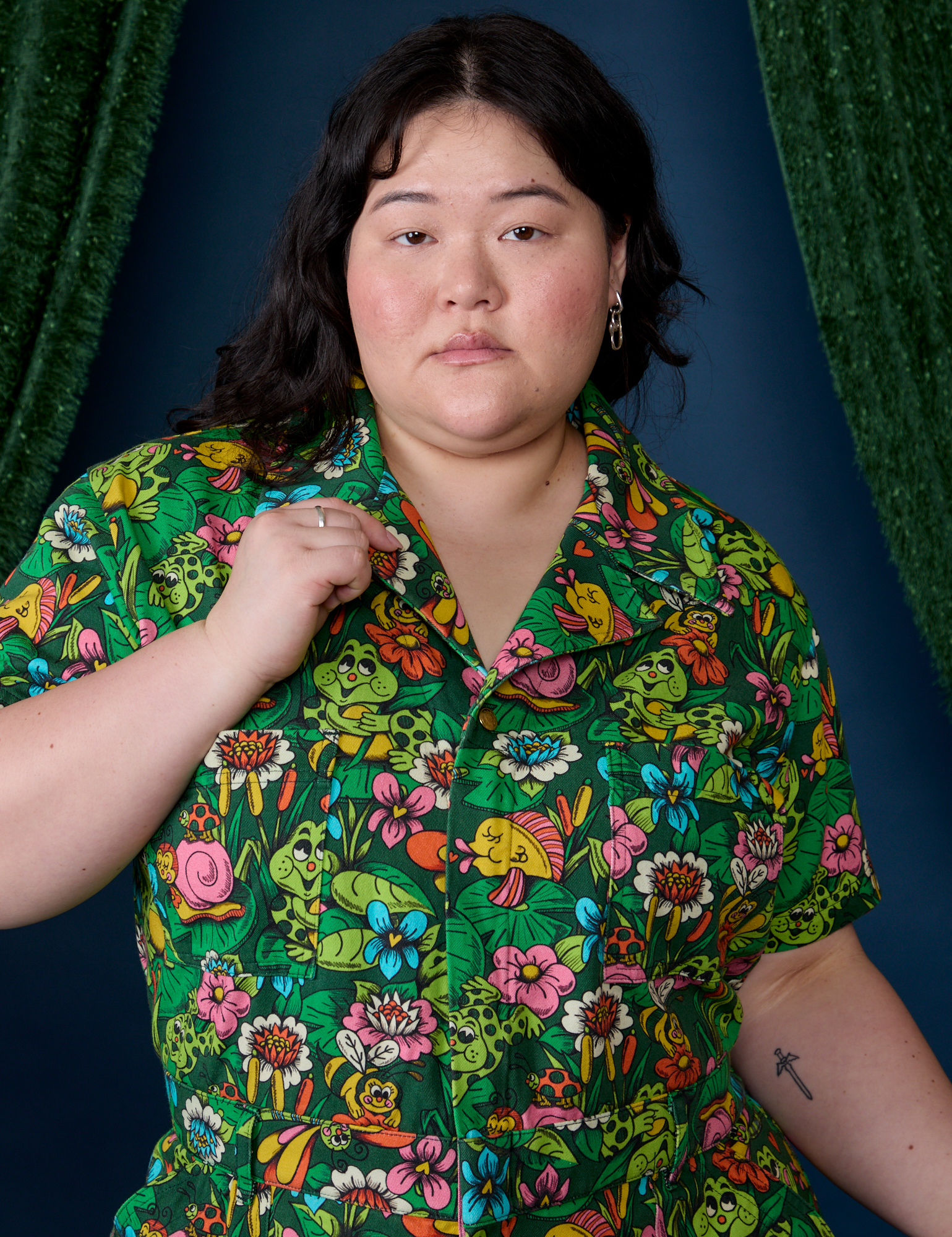 Pond Party Print Jumpsuit front close up on Ashley
