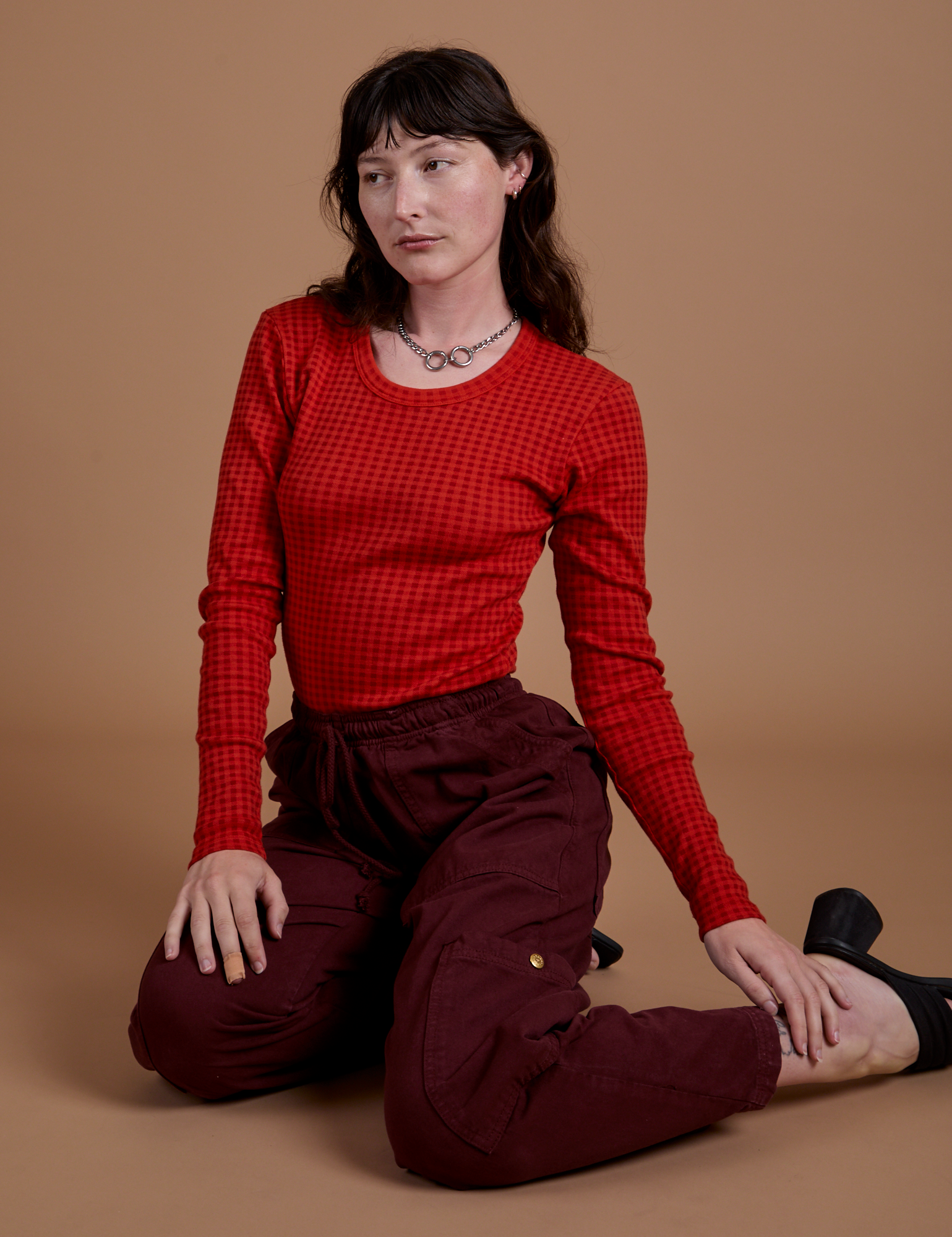 Gingham Long Sleeve Baby Tee in Mustang Red worn by Alex