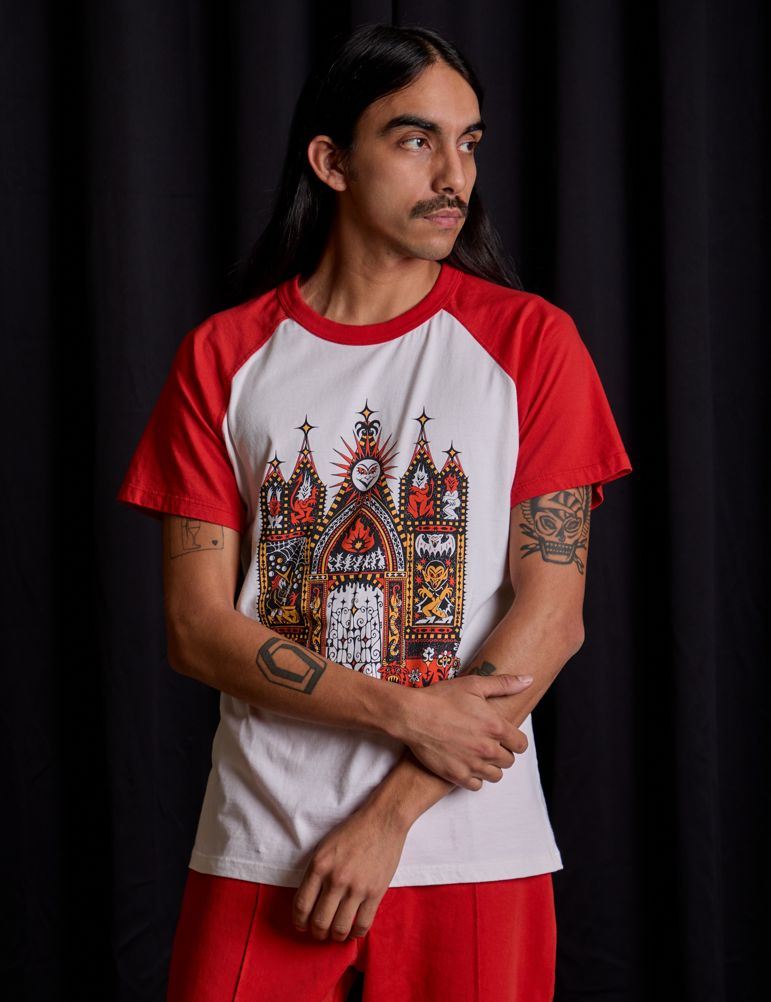 Short Sleeve Raglan Tee in Gates of Hell worn by Anthony