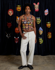 Jerrod is wearing Cropped Tank Top in Halloween Masks and vintage tee white Work Pants