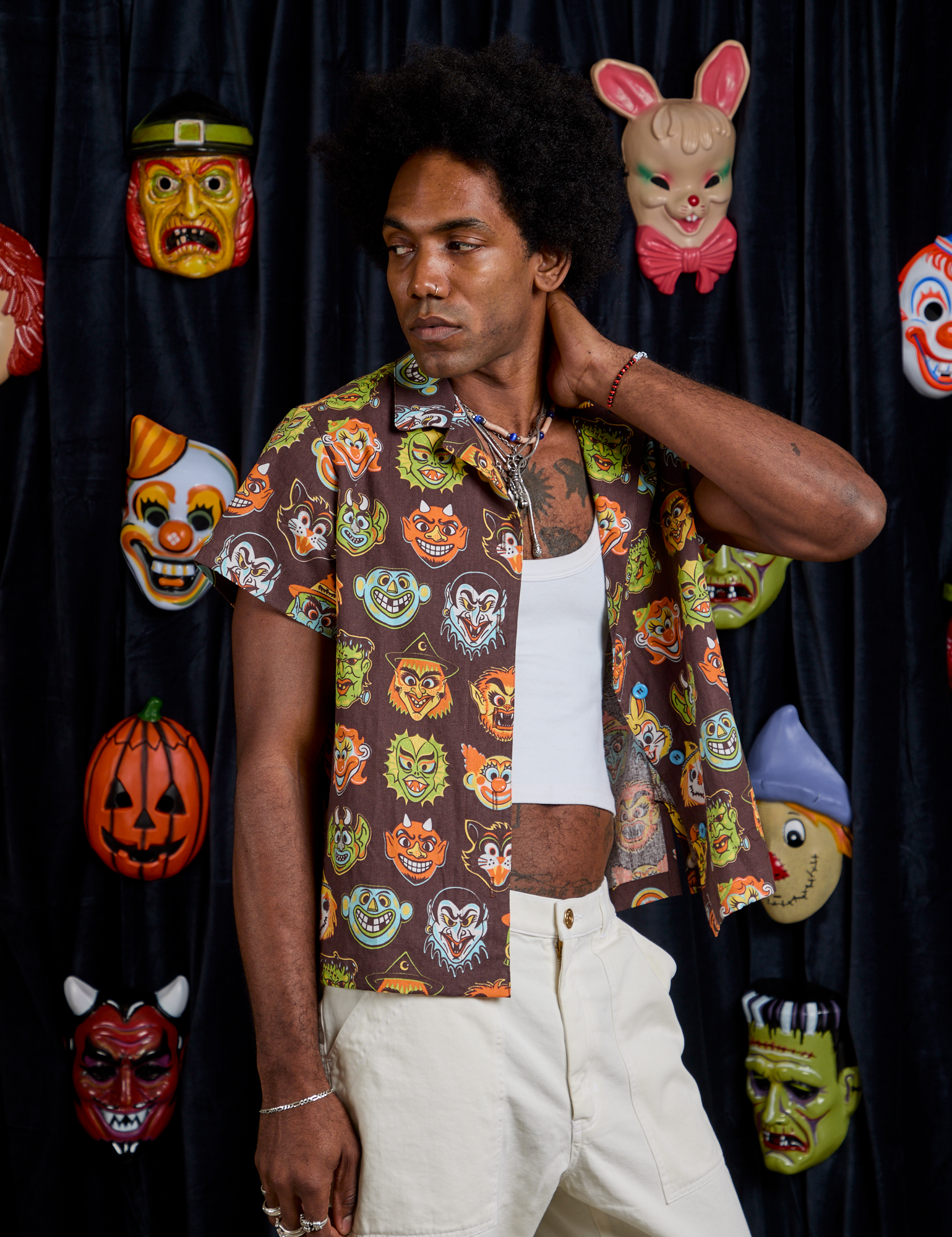 Halloween Masks Pantry Button-Up angled front view on Jerrod