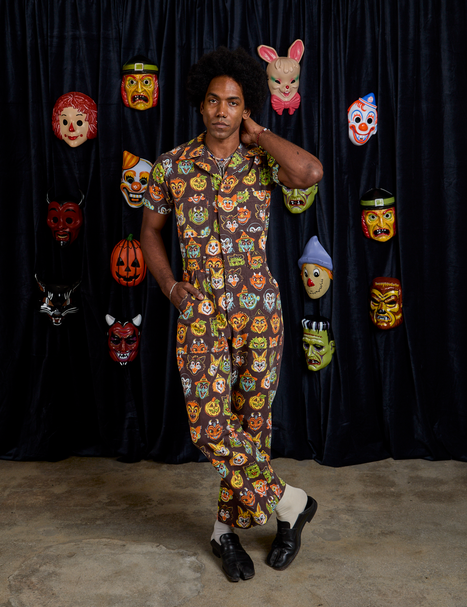 Short Sleeve Jumpsuit in Halloween Masks on Jerrod