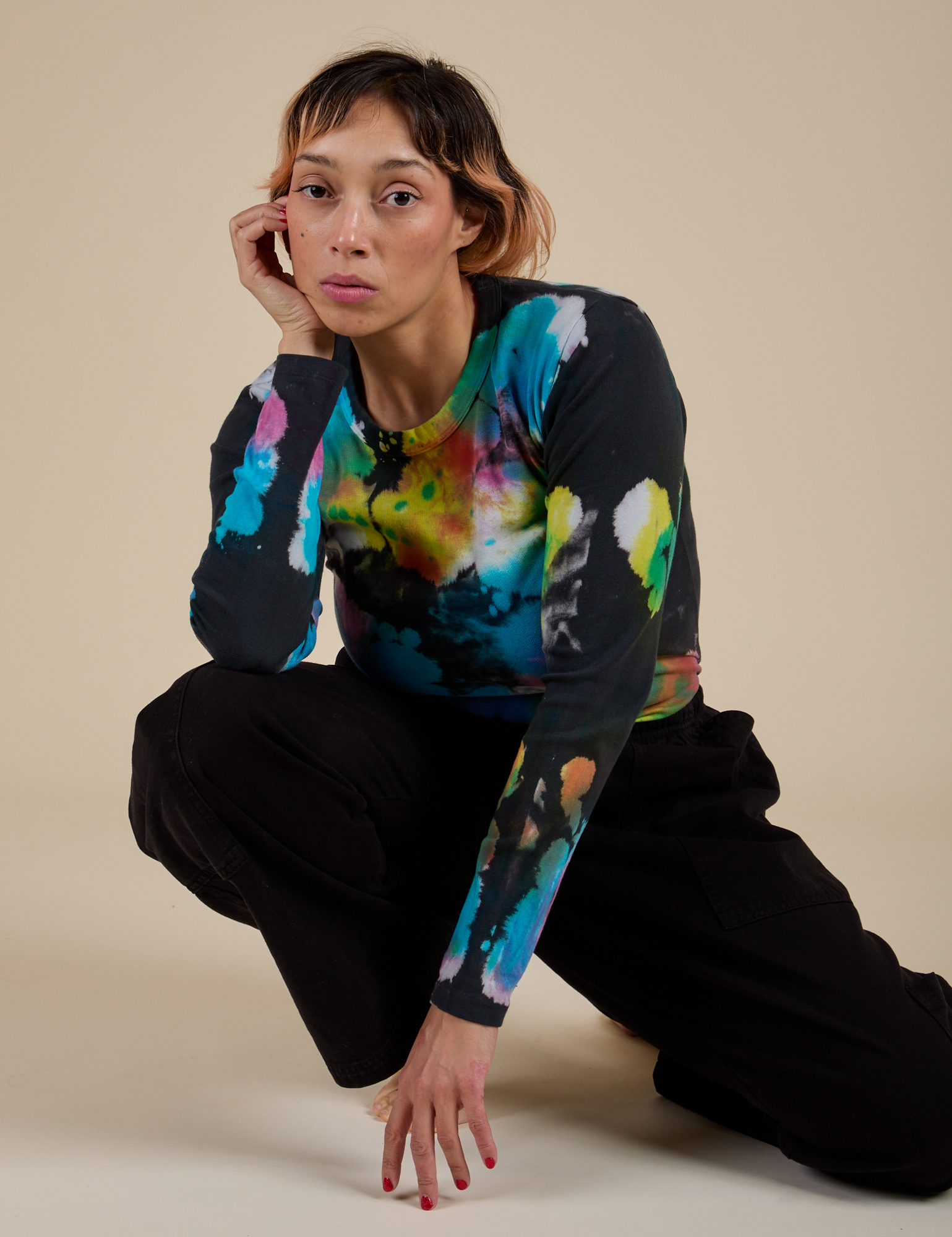 Long Sleeve Baby Tee in Rainbow Magic Waters on Tiara