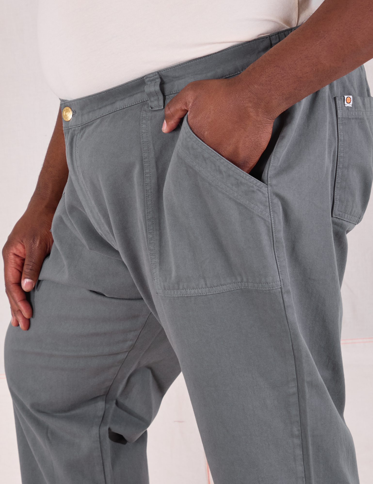 Mid-Rise Work Pants in Slate Grey side close up on Elijah