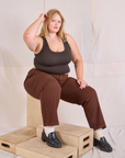 Juliet is wearing Mid-Rise Work Pants in Fudgesicle Brown and espresso brown Cropped Tank