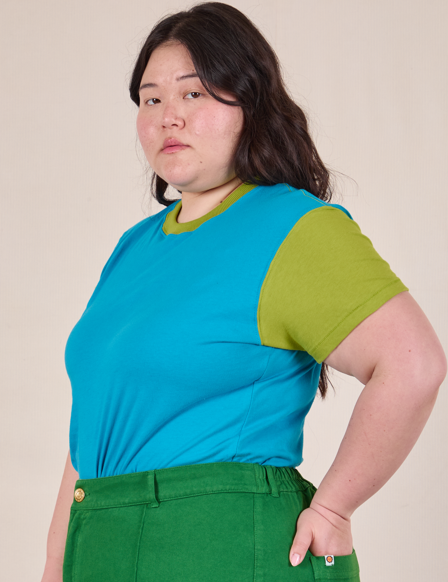 Mismatched Tee in Blue &amp; Green side view on Ashley