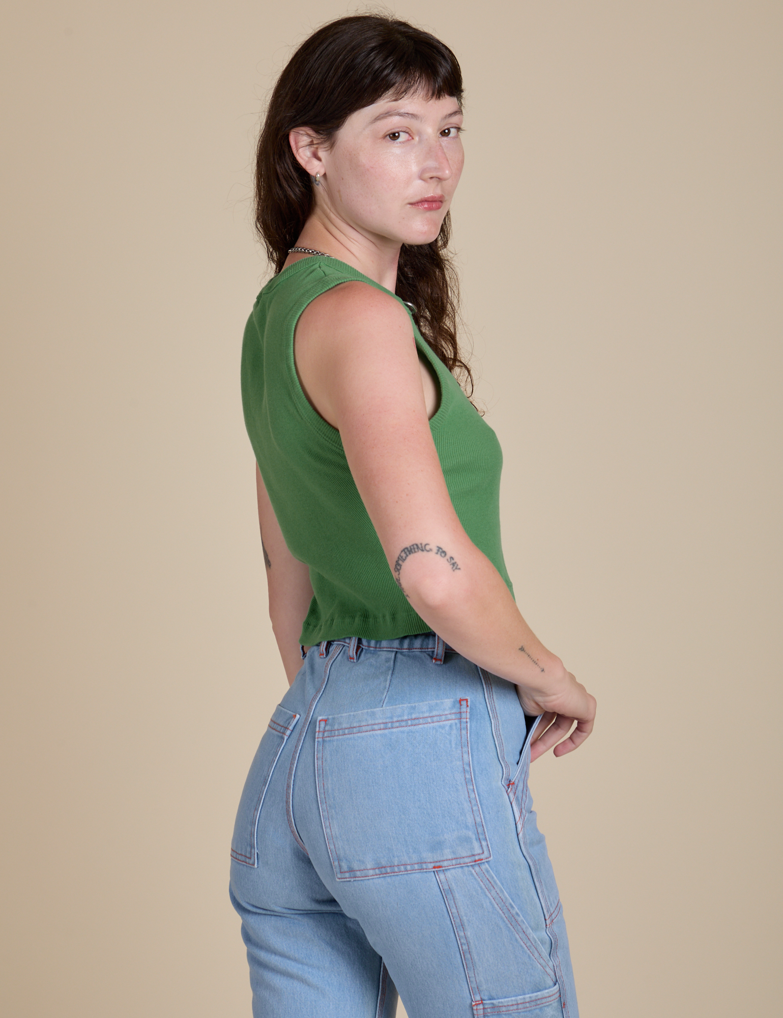 Muscle Tee in Seafoam Green side view on Alex