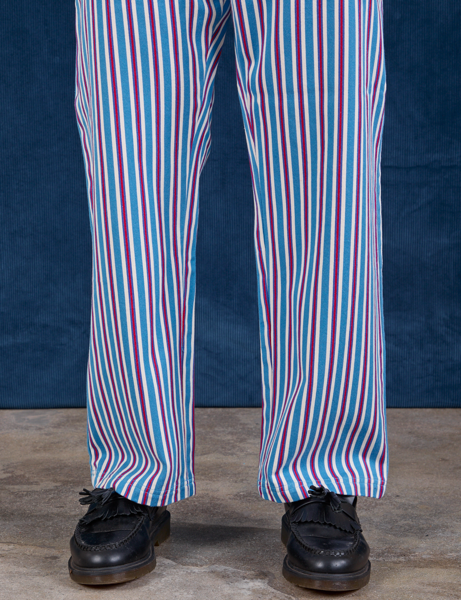 Stripe Work Pants in Blue Raspberry pant let close up on Issac