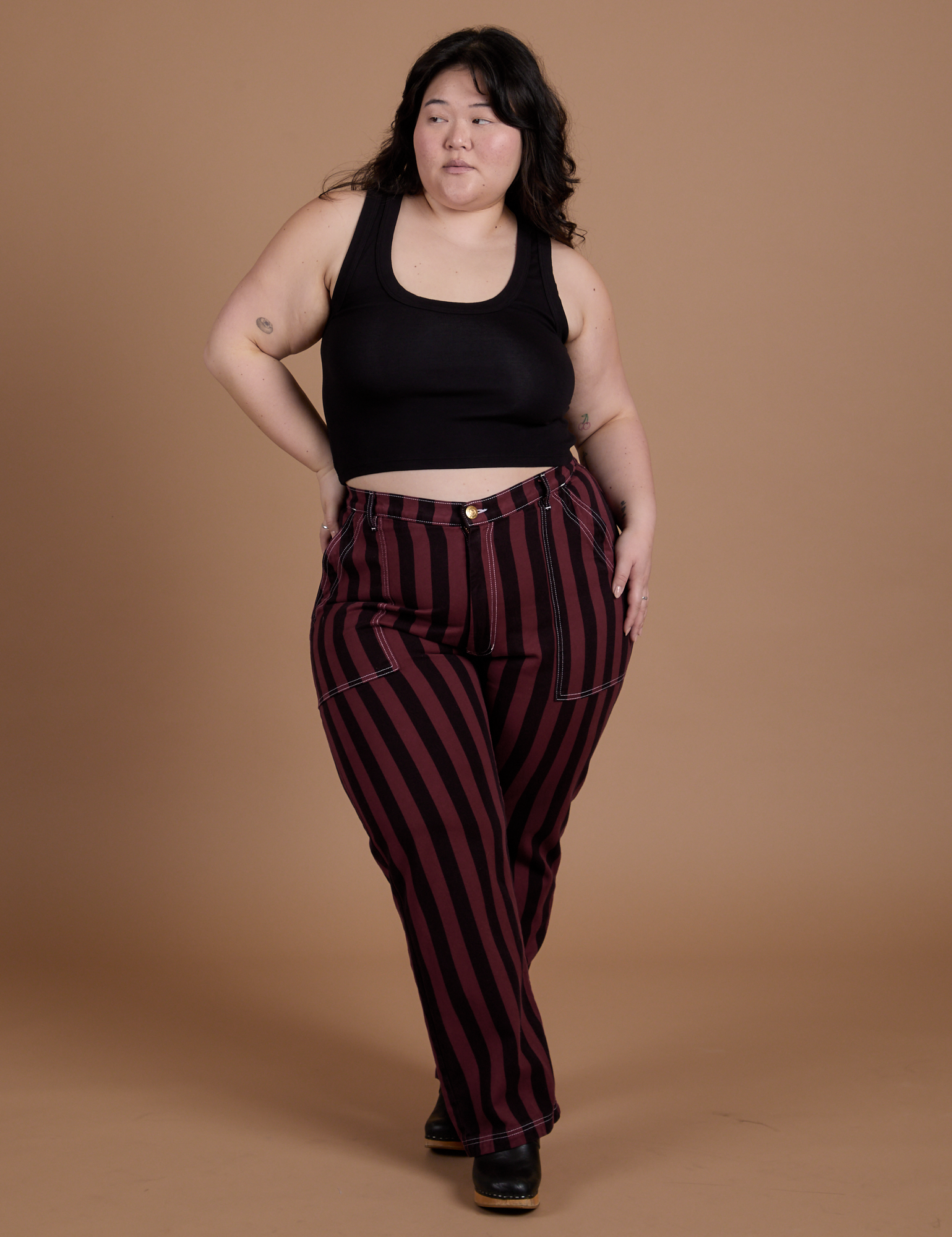 Black Stripe Work Pants - Red Wine