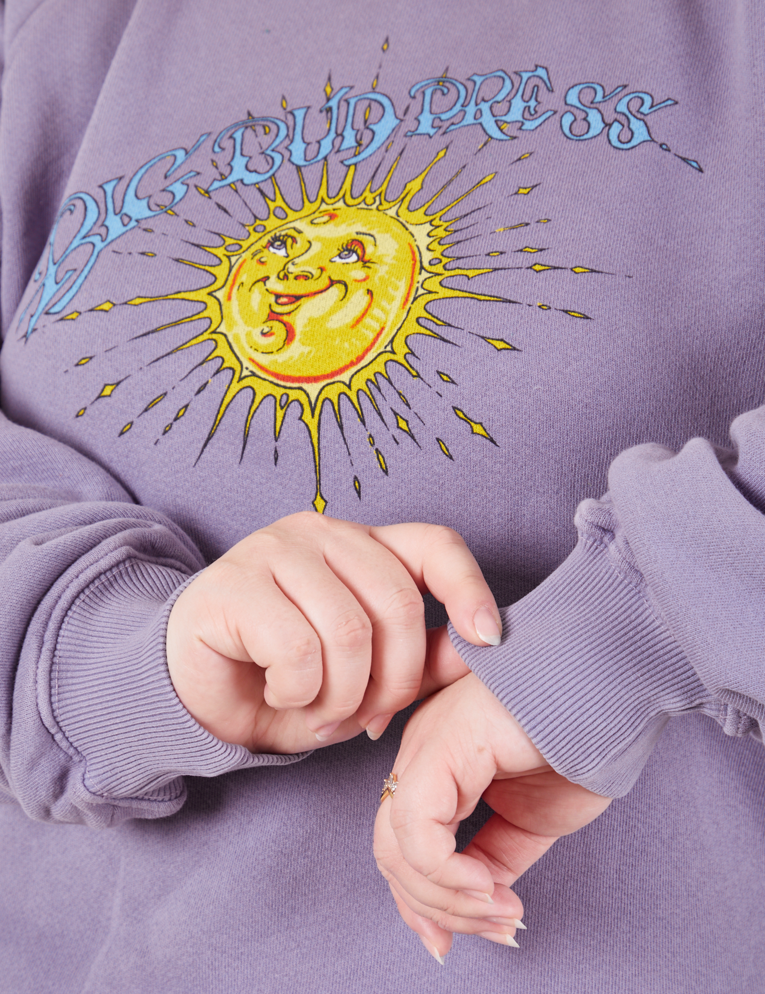 Bill Ogden&#39;s Sun Baby Crew in Faded Grape close up on Ashley