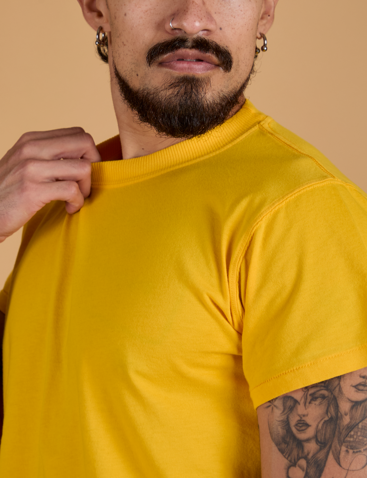 Organic Vintage Tee in Sunshine Yellow shoulder close up