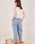 Back view of Organic Trousers in Periwinkle worn by Hana