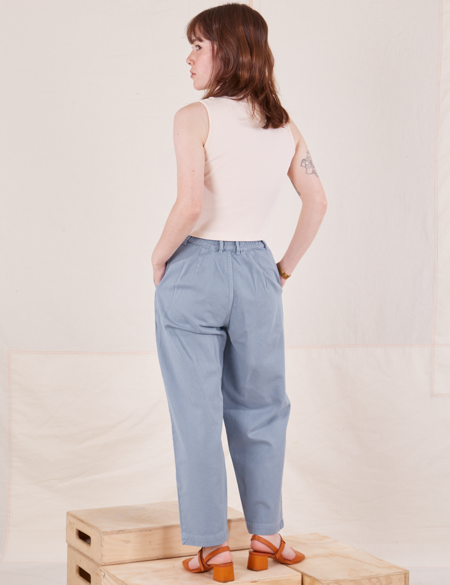 Back view of Organic Trousers in Periwinkle worn by Hana